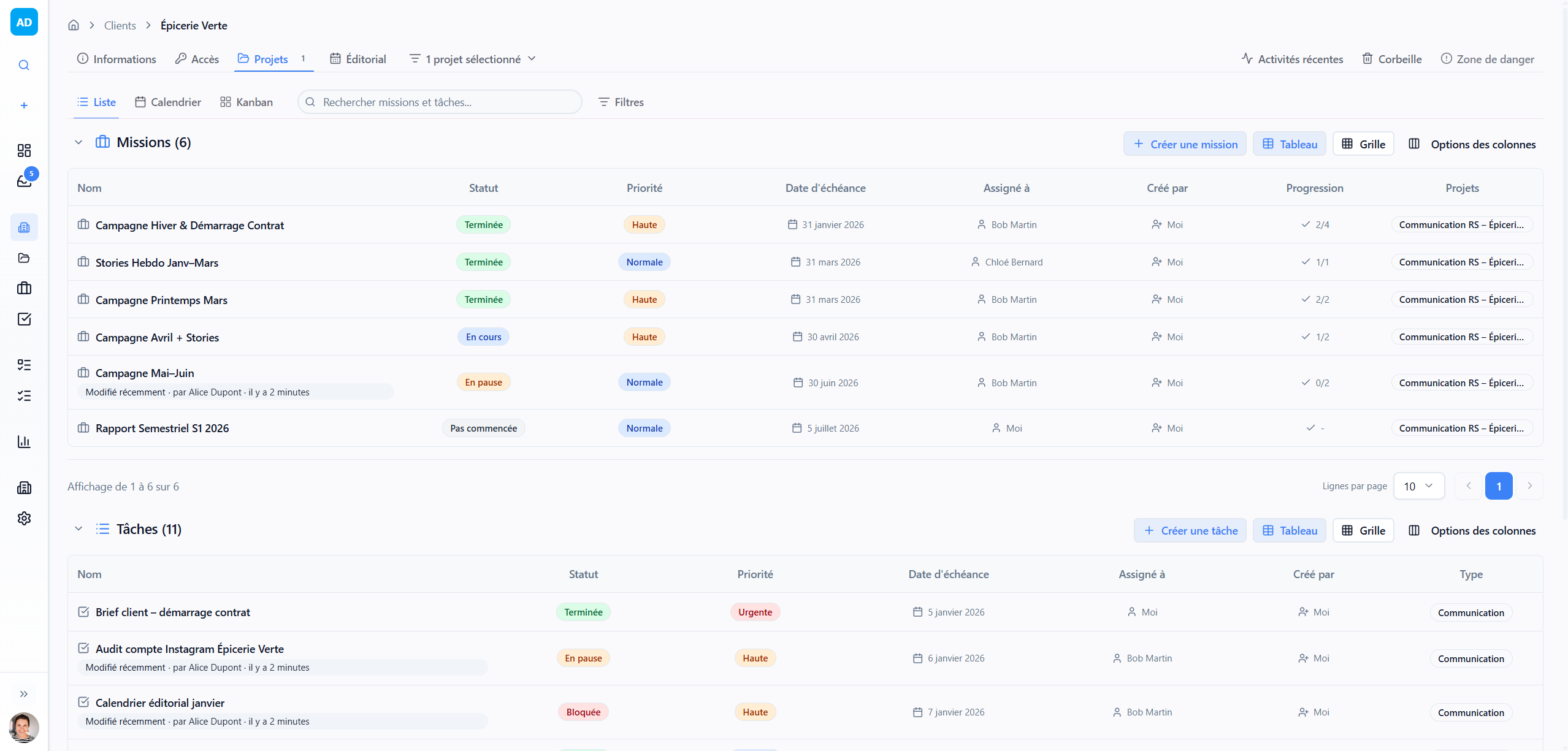 Mishka - Vue liste des missions et tâches